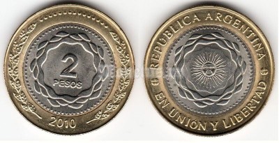 монета Аргентина 2 песо 2010 год
