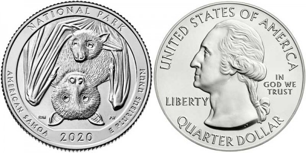 монета США 25 центов 2020 год Американское Самоа, Национальный парк Американского Самоа, 51-й парк