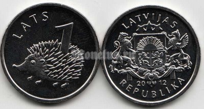 монета Латвия 1 лат 2012 год еж