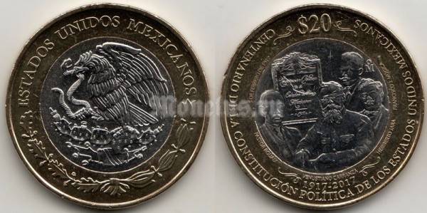 монета Мексика 20 песо 2017 год - 100 лет конституции Мексики