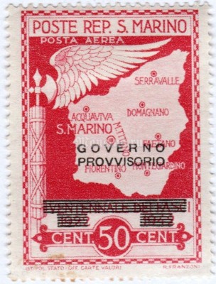 марка Сан-Марино 50 сентисимо "Overprint GOVERNO/PROVISORIO" 1943 год