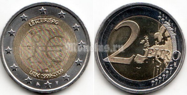 монета Люксембург 2 евро 2009 год - 10 лет Экономическому и валютному союзу