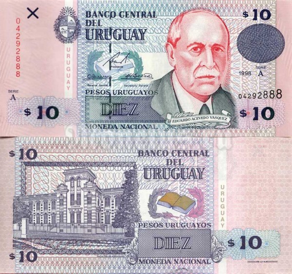 бона Уругвай 10 песо 1998 год