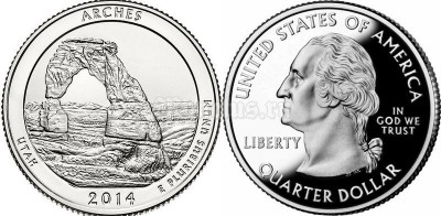 монета США 25 центов 2014 год штат Юта Национальный парк Арки, 23-й