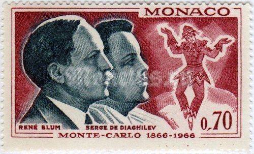 марка Монако 0,70 франка "Sergej Diaghilew (1872-1929), René Blum (1878-1942)" 1966 год