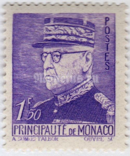 марка Монако 1,50 франка "Prince Louis II (1870-1949)" 1942 год