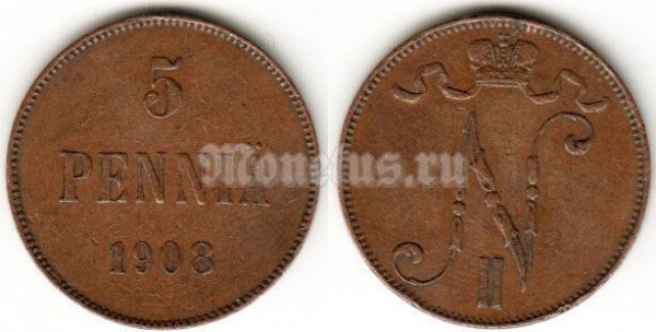 Монета Русская Финляндия 5 пенни 1908 год