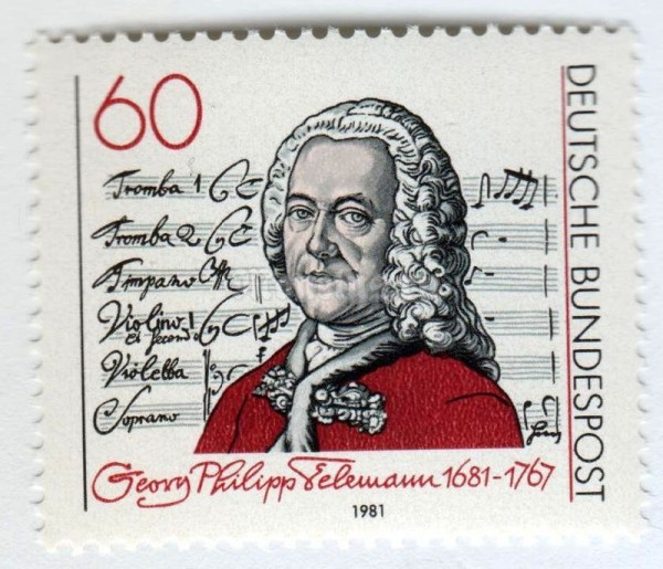 марка ФРГ 60 пфенниг "Telemann and title page of “Singet dem Herrn” Cantata" 1981 год
