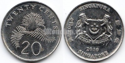монета Сингапур 20 центов 2010 год