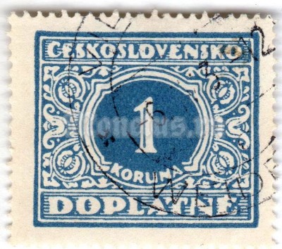 марка Чехословакия 1 крона "Postage Due" 1928 год Гашение