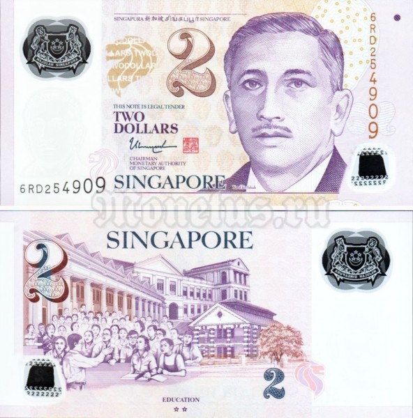бона Сингапур 2 доллара 2017 год, пластик