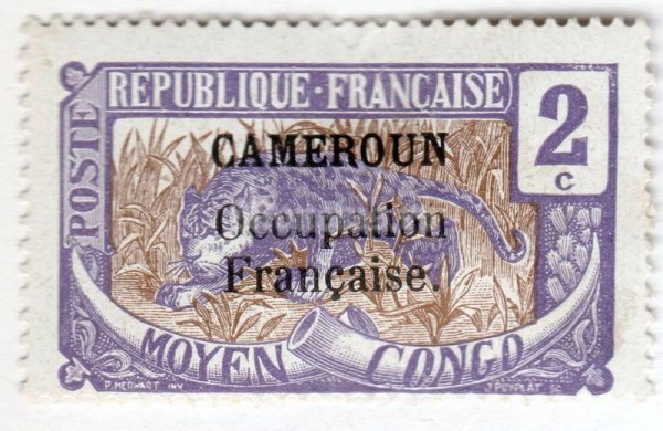 марка Французский Камерун 2 сантима "Leopard (Panthera pardus*)"