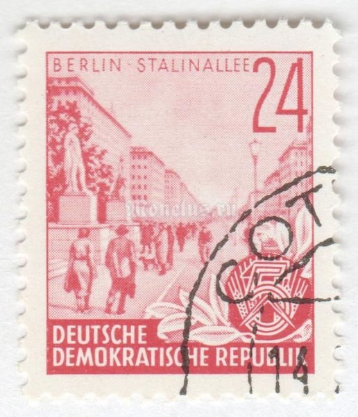 марка ГДР 24 пфенниг "Karl-Marx-Allee Stalinallee**" 1957 год Гашение