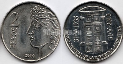 монета Аргентина 2 песо 2010 год 75 лет центральному банку Аргентины
