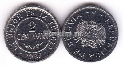 монета Боливия 2 центаво 1987 год