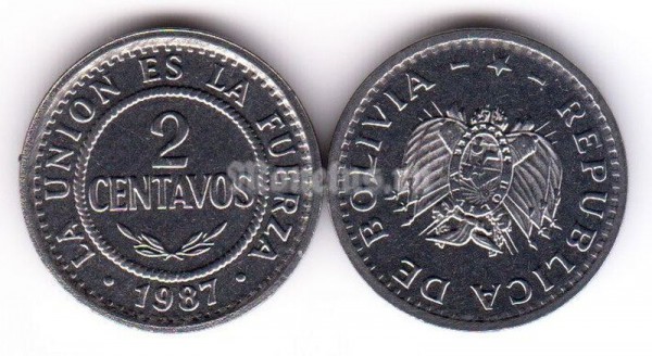 монета Боливия 2 сентаво 1987 год