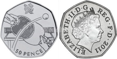 монета Великобритания 50 пенсов 2011 год Летние Олимпийские игры в Лондоне 2012 год - настольный теннис (пинг-понг)