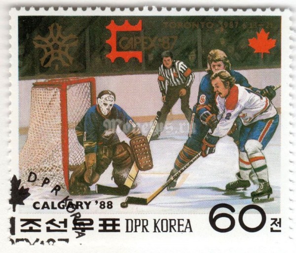 марка Северная Корея 60 чон "Ice Hockey Players" 1987 год Гашение