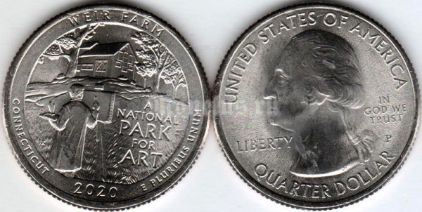 монета США 25 центов 2020 год Коннектикут, Национальное историческое место «Ферма Дж. А. Вейра», 52-й парк