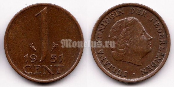 монета Нидерланды 1 цент 1951 год