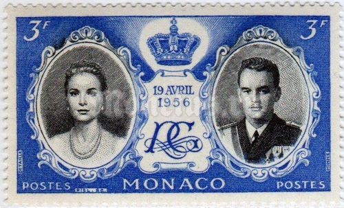 марка Монако 3 франка "Grace Kelly, Prince Rainier III, crown and monogram" 1956 год