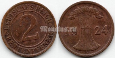 монета Германия 2 рентенпфеннига 1924 год D