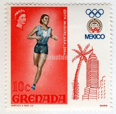 марка Гренада 10 центов "Edith McGuire, USA" 1968 год