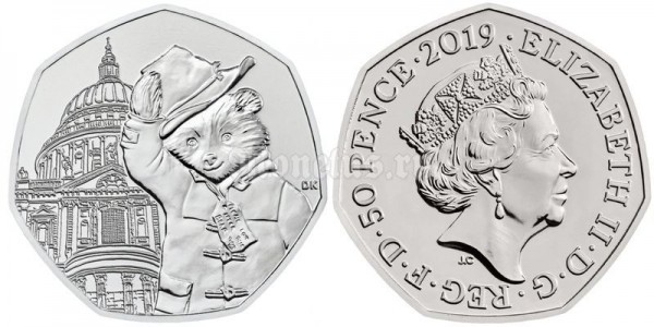монета Великобритания 50 пенсов 2019 год - 60 лет Медвежонку Паддингтону, снимает шляпу