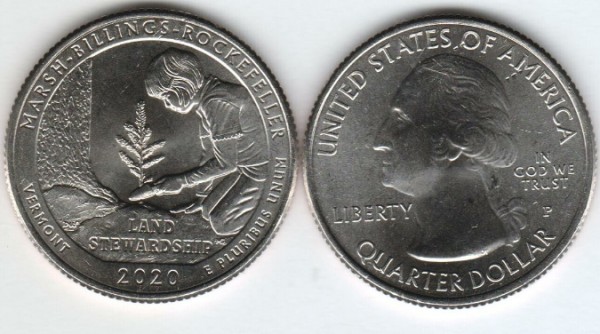 монета США 25 центов 2020 год Вермонт, Национальный исторический парк Рокфеллера, 54-й парк