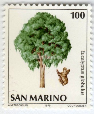 марка Сан-Марино 100 лир "Koala (Phascolarctos cinereus), Tasmanian Bluegum (Eucalyptu)" 1979 год