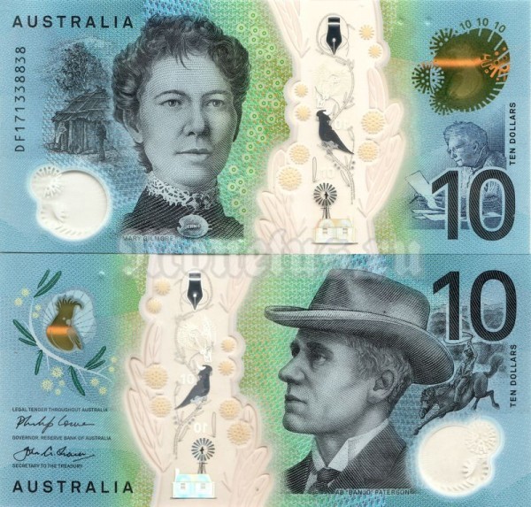 банкнота Австралия 10 долларов 2017 год - Ендрю Бартон Петерсон, Мэри Гилмор. С метками для слепых, пластик