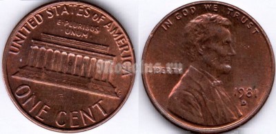 монета США 1 цент 1981 год монетный двор D