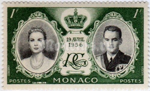 марка Монако 1 франк "Grace Kelly, Prince Rainier III, crown and monogram" 1956 год