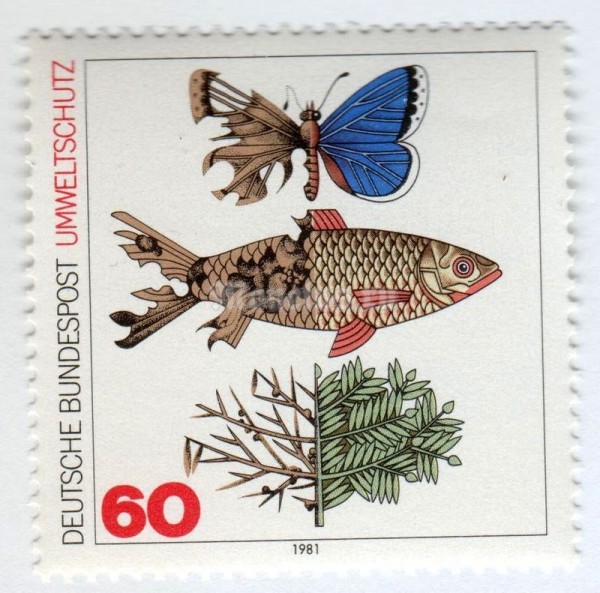 марка ФРГ 60 пфенниг "Polluted Butterfly, fish and branch, partially destroyed" 1981 год