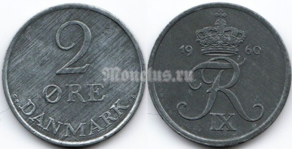 монета Дания 2 эре 1960 год Цинк