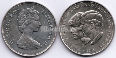 монета Великобритания 1 крона (25 новых пенсов) 1981 год свадьба наследника престола принца Чарлза и леди Дианы