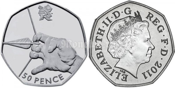 монета Великобритания 50 пенсов 2011 год Летние Олимпийские игры в Лондоне 2012 год - стрельба из лука
