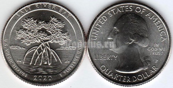 монета США 25 центов 2020 год Американские Виргинские острова, Национальный исторический парк и экологический заповедник Бухта Солёной реки, 53-й парк