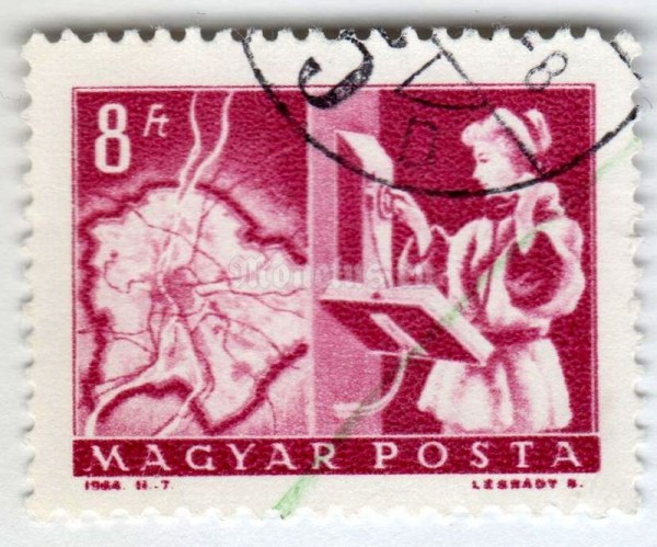 марка Венгрия 8 форинтов "Map of Budapest and automatic dial phone" 1964 год Гашение
