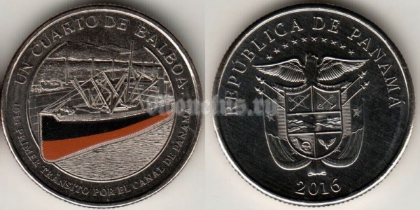 монета Панама 1/4 бальбоа 2016 год - 100 лет строительству Панамского канала - корабль
