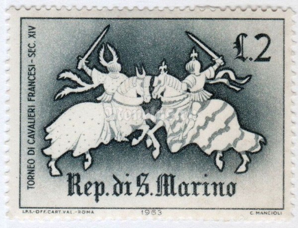 марка Сан-Марино 2 лиры "Tournament of French knights - XIV. century" 1963 год