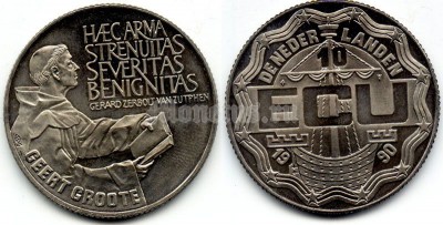 монета Нидерланды 10 экю 1990 год Основатель Братства общей жизни Герт Гроте (Geert Groote)