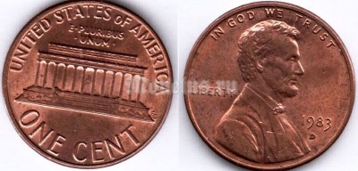 монета США 1 цент 1983 год монетный двор D