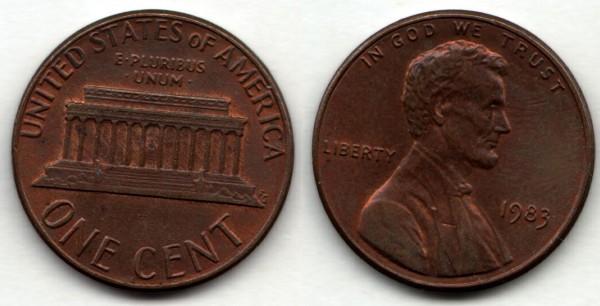 монета США 1 цент 1983 год