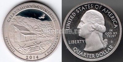 США 25 центов 2014S год штат Теннесси Национальный парк Грейт-Смоки-Маунтинс, 21-й PROOF