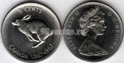 монета Канада 5 центов 1967 год 100 лет Конфедерации Канады - Заяц