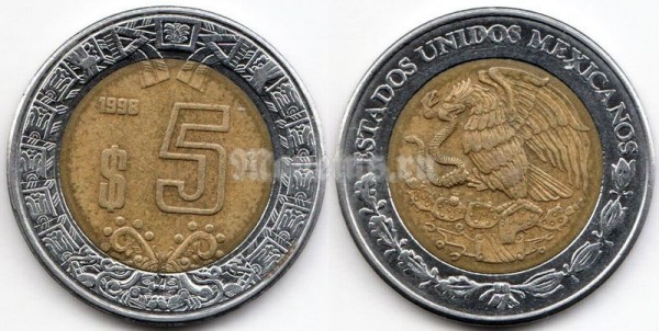 монета Мексика 5 новых песо 1998 год