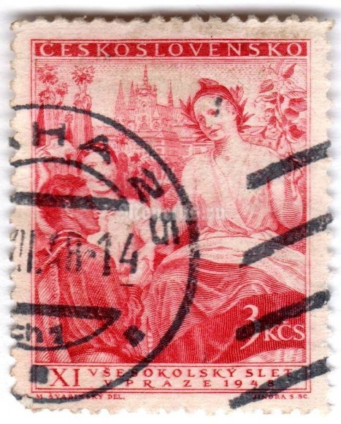 марка Чехословакия 3 кроны "Symbolická kresba republiky" 1948 год Гашение