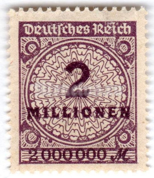 марка Немецкий Рейх 2 миллиона рейхсмарок "Value in "Millionen"" 1923 год