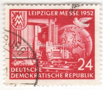 марка ГДР 24 пфенниг "Leipzig city coat of arms with trade fair sign; heavy engine" 1952 год Гашение